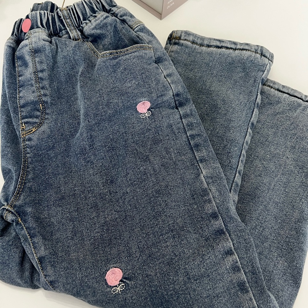 SHEIN Denim Pants with Pink Floral Embroidery